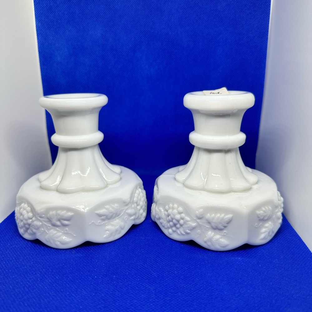 Westmoreland grapes pattern milk glass candle stick holders.